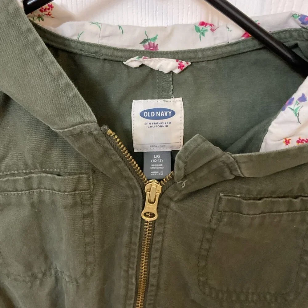 Old Navy Utility Jacket Girls Size L Green Pockets Hood Elastic Waist Zip Up